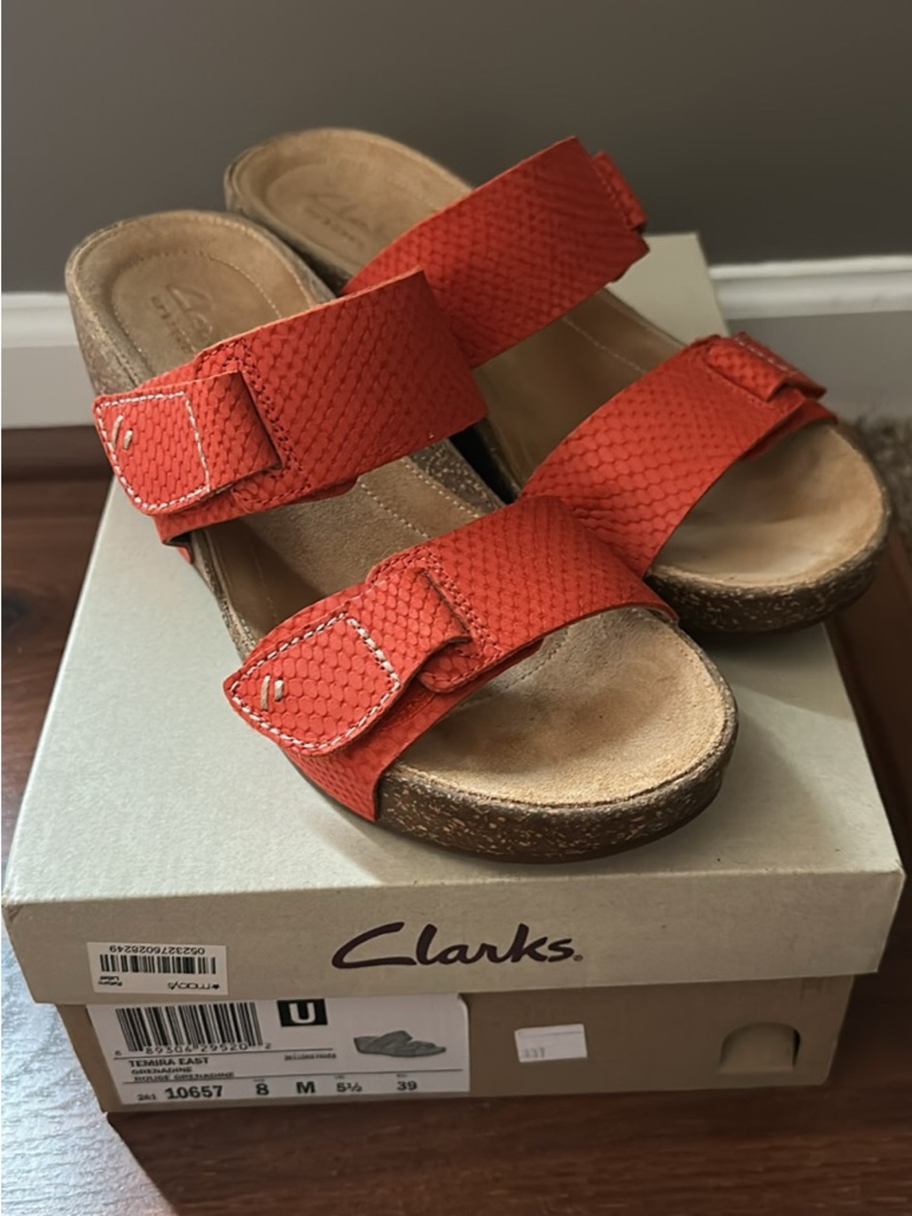 Clarks Women’s Orange Textured Double-Strap Wedge Mules